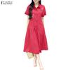 ZANZEA Women Casual Turn Down Collar Floral Embroidery Summer Short Sleeve Dress