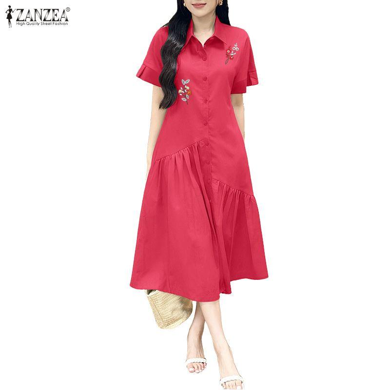 ZANZEA Women Casual Turn Down Collar Floral Embroidery Summer Short Sleeve Dress