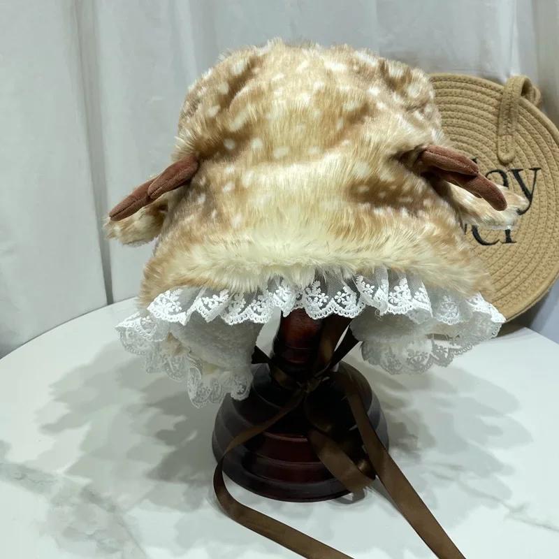 

New Christmas Deer Plush Lace-up Pullover Hat Women Sweet Cute Antlers Keep Warm Beanies Winter Plush Ear Protection Bucket Cap 56-58cm