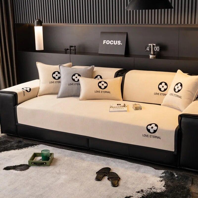 Embroidered Cotton Sofa Cover Cushion Cover Universal Living Room Combination Sofa Cover Cloth Non-Slip Backrest Armrest Cushion