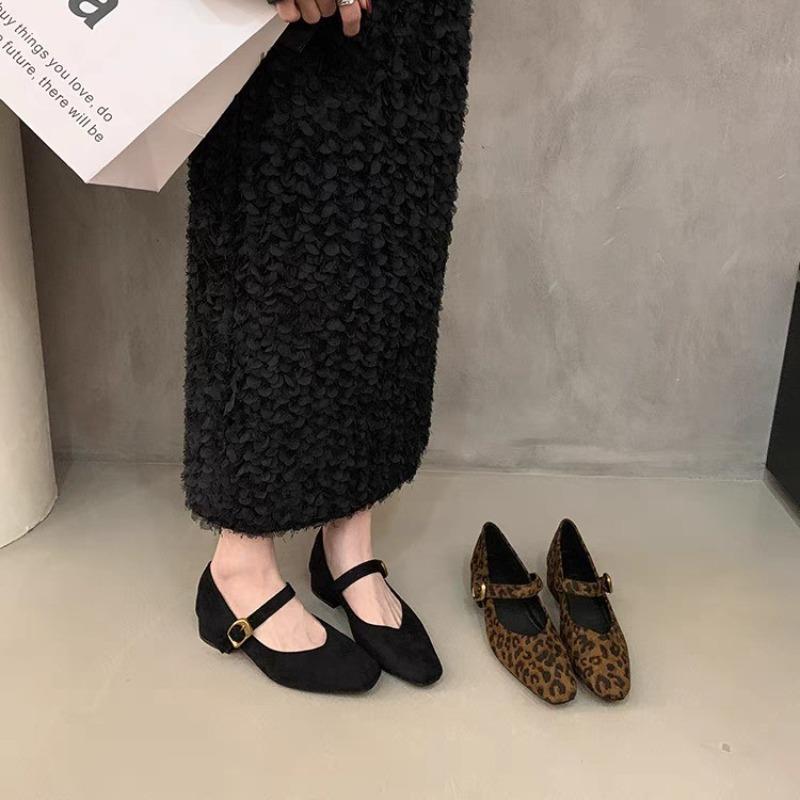 Damen Klobige Einzelne Schuhe Herbst Neue Mode Eckiger Zeh Flacher Ausschnitt Wildleder Leopard Weiche Sohle Rutschfest Niedrige Schuhe