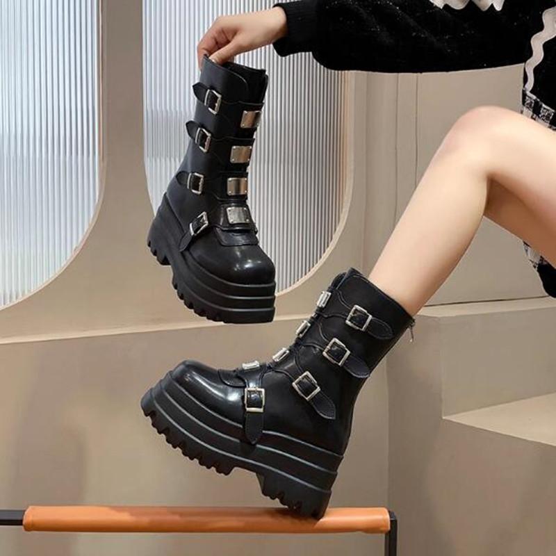 Womens Boots Metal Belt Buckle Design Women Mid-Calf Boots Luxury Casual Leather Boot Height Increasing Platform Boots For Women