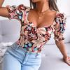 Damen Sexy Rückenfrei Quadratischer Kragen Floral Chiffon Bluse Top Laterne Kurze Ärmel Hemd Frühling Sommer Rot Blau Schwarz S M L XL