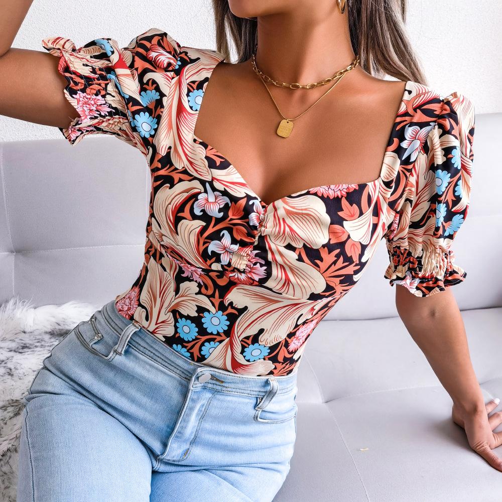 Women Sexy Backless Square Collar Floral Chiffon Blouse Top Lantern Short Sleeve Shirt Spring Summer Red Blue Black S M L XL