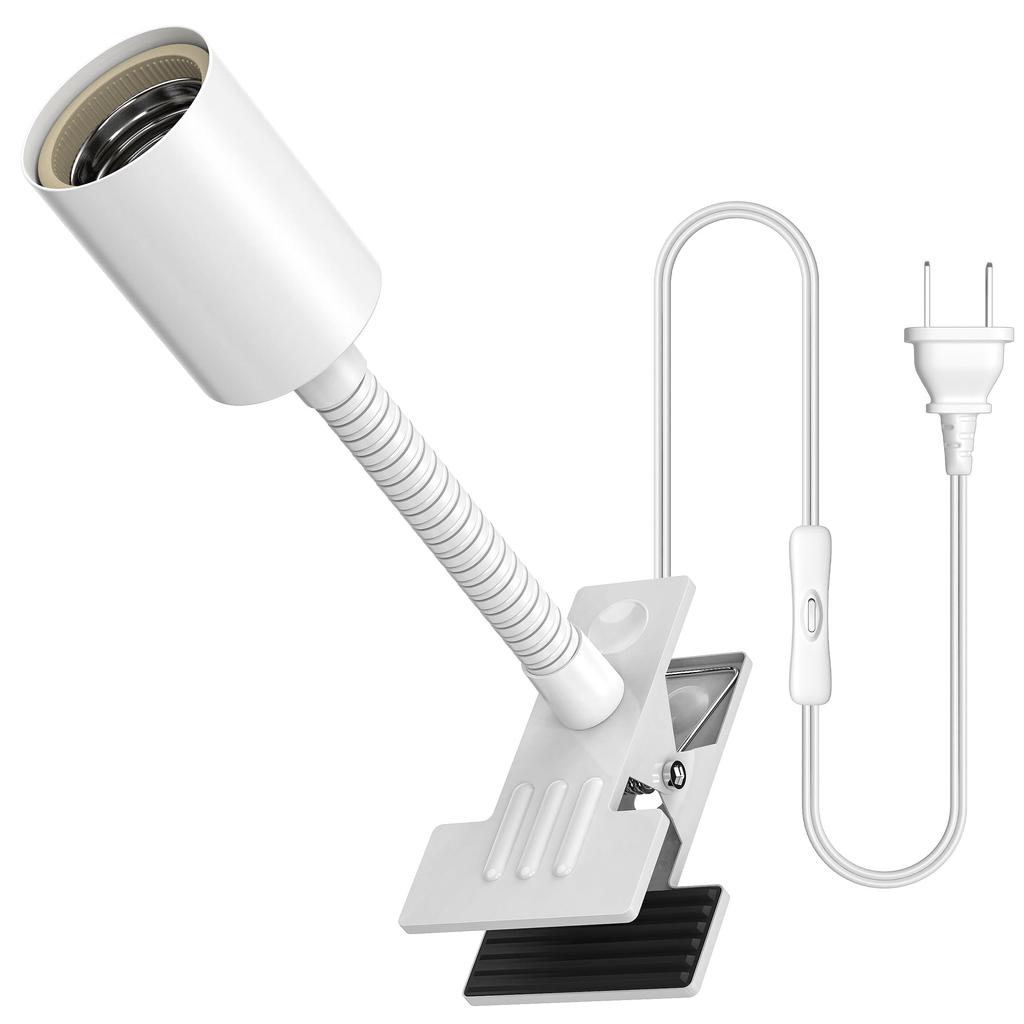 Pispoer E26 Bulb Socket, Clip-on Light Socket, Suitable for Grow Lights, 1.65 Meter Cord with Switch, 13.5 cm Neck Tube (White)