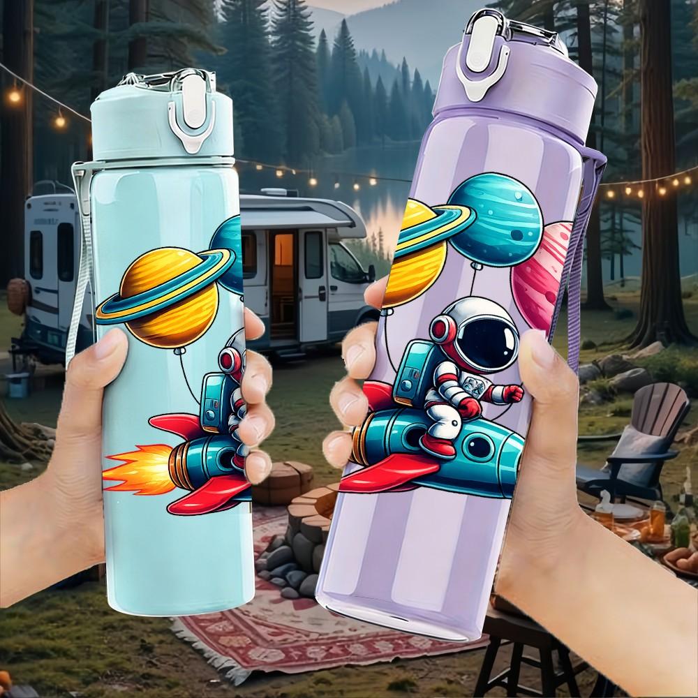 1PC Spaceman Play Toy Planet Cartoon Print 750ml Color Plastic Sports Water Bottle Leakproof Flip Straw Lid Suitable for Sports Office Home Use