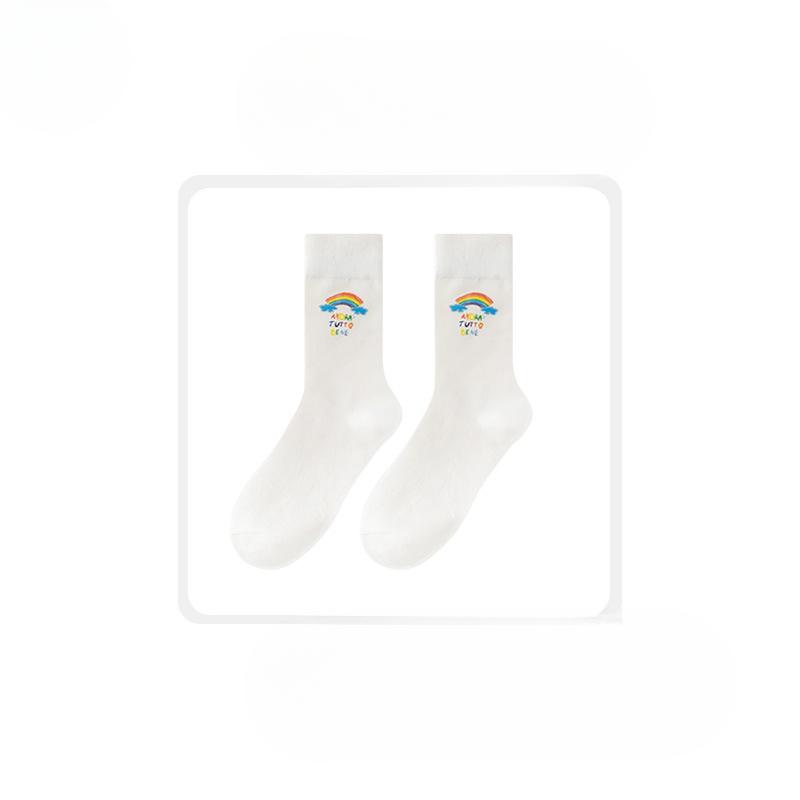 

Женские осенне-зимние новые однотонные универсальные хлопковые носки-трубы белого цвета с радужным мультяшным принтом 1 pair
