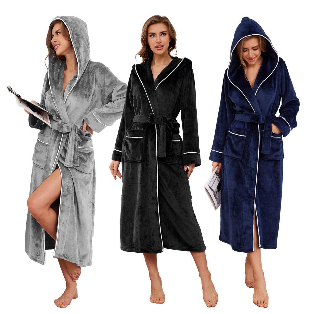 Unisex Hooded Flannel Bathrobes - Extra-Long, Plus-Size, Perfect for Autumn & Winter Lounging