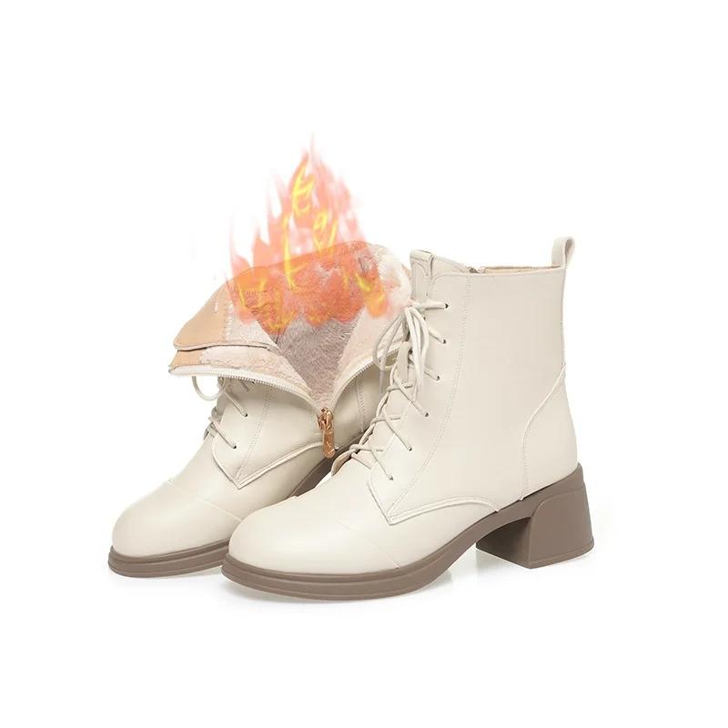 5.5cm British Style Soft Leather Boots Women Platform Shoes Fall Winter 2025 Med Block Heels Short Plush Warm Ankle Boots Office