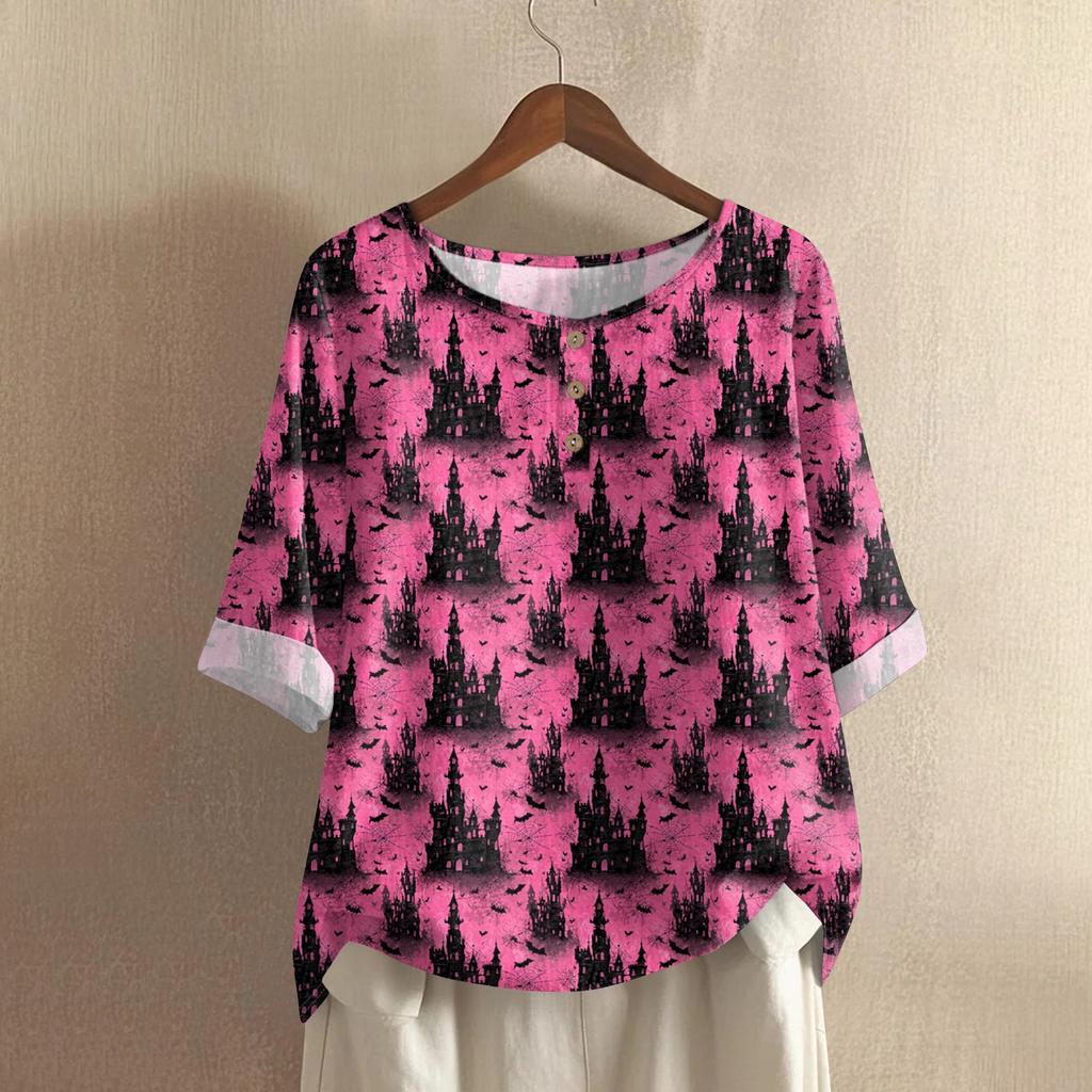 Damska codzienna bluzka z bawełny i lnu z nadrukiem Halloween z okrągłym dekoltem i rękawem 3/4