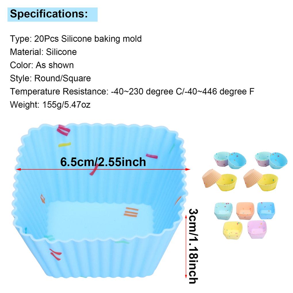 20 Stück Bäckerei Tragbar Wiederverwendbar Cupcake-Förmchen Antihaft Muffin Backförmchen Gebäck Silikonform DIY Basteln Backgeschirr