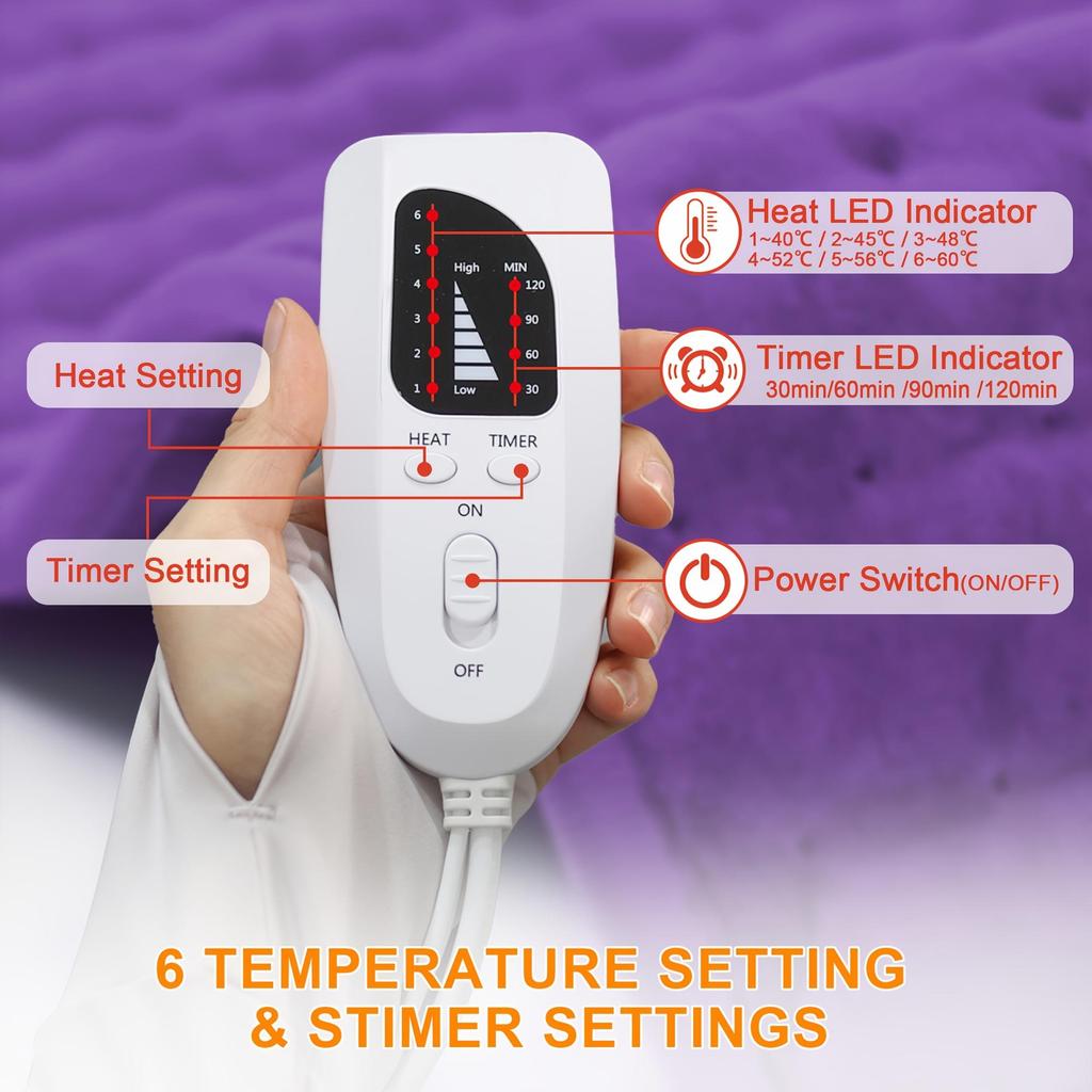 Extra Large Electric Heating Pad - Portable 6-Level Quick Heating To 140°F, Auto Shut-Off In 2 Hours, Machine Washable for Leg, Shoulder, Knee, Neck