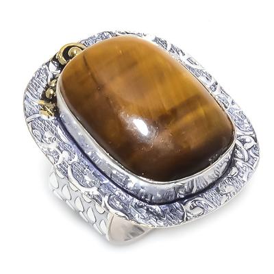 Natural Tiger Eye Gemstone 925 Sterling Silver Gift Two Tone Ring Size 8 R0B43