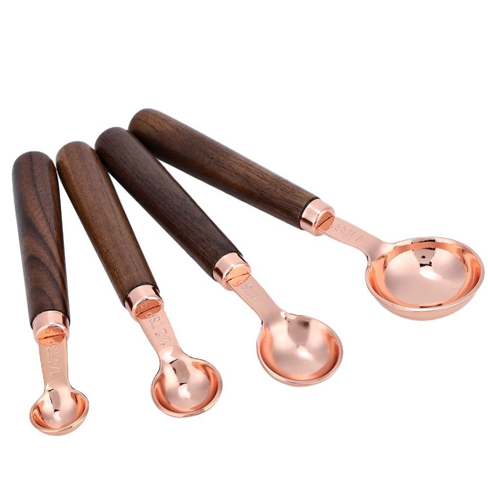 4PCS Set Walnut Wood Handle Measuring Cup Set Stainless Steel Stainless Steel Scoop For Household