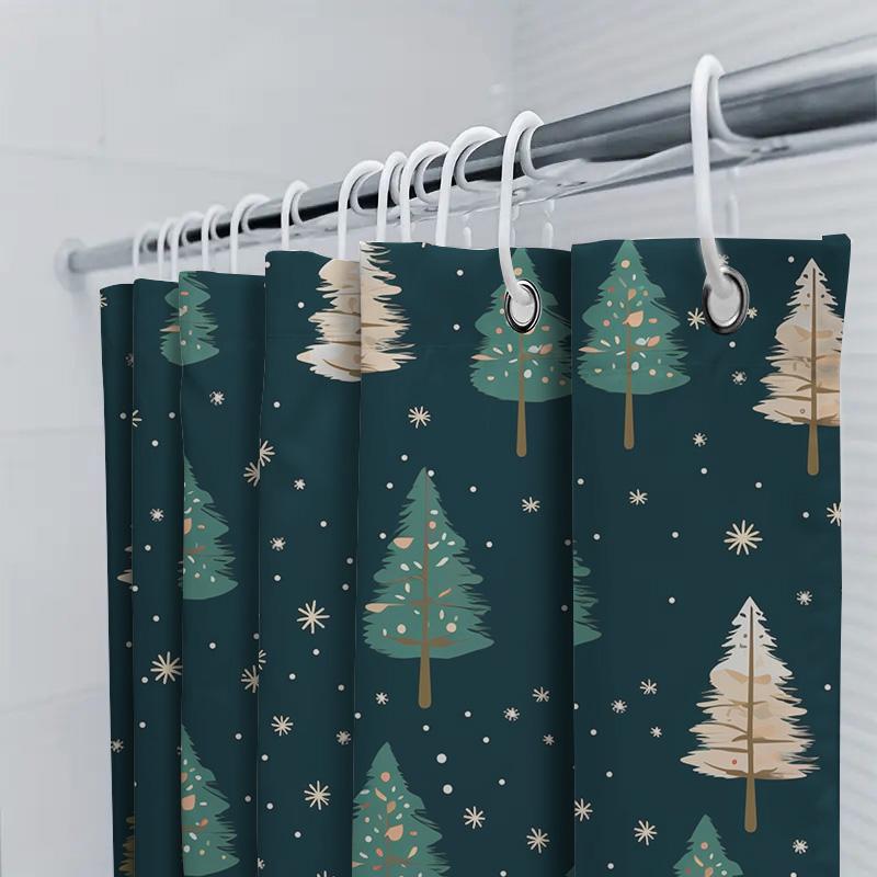 Modern Christmas Tree Shower Curtain Blue Floral Pattern With White Stars For Bathroom Decoration Waterproof Fabric Shower Panel