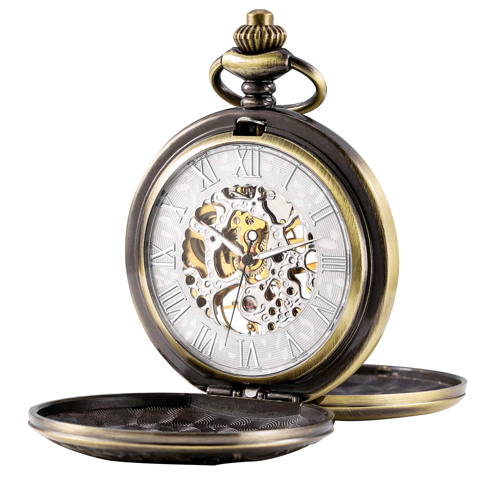 TREEWETO Men s Mechanical Skeleton Pocket Watch Roman Numeral Dial Gift Box Chain