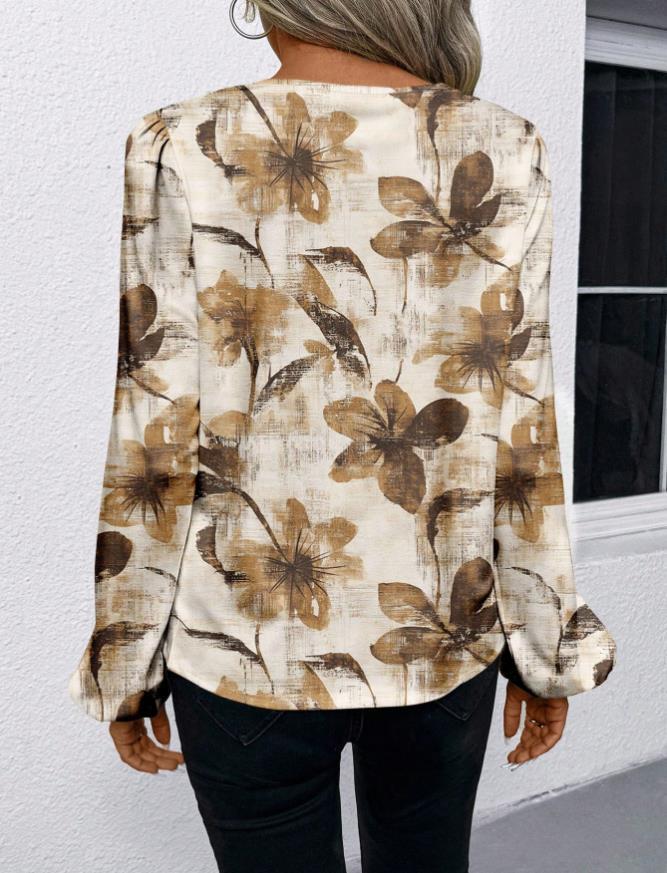 2025 European & American V-neck Long Sleeve Printed Casual Shirt for Women - Spring/Autumn