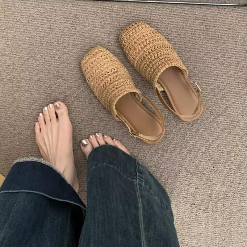 

Летние новые босоножки на блочном каблуке с мелким вырезом, из соломы бао тоу, с открытой пяткой, женская обувь, туфли с ремешком и низким каблуком 40 коричневый