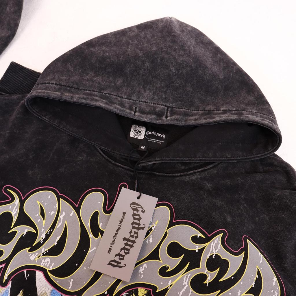 Felpa con cappuccio Godspeed Rock Europeo e Americano Streetwear Stampa Retro Usurata