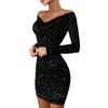 Women's Fashion Spring Fall Solid Color Print Long Sleeve V-Neck High Waist Casual Dresses