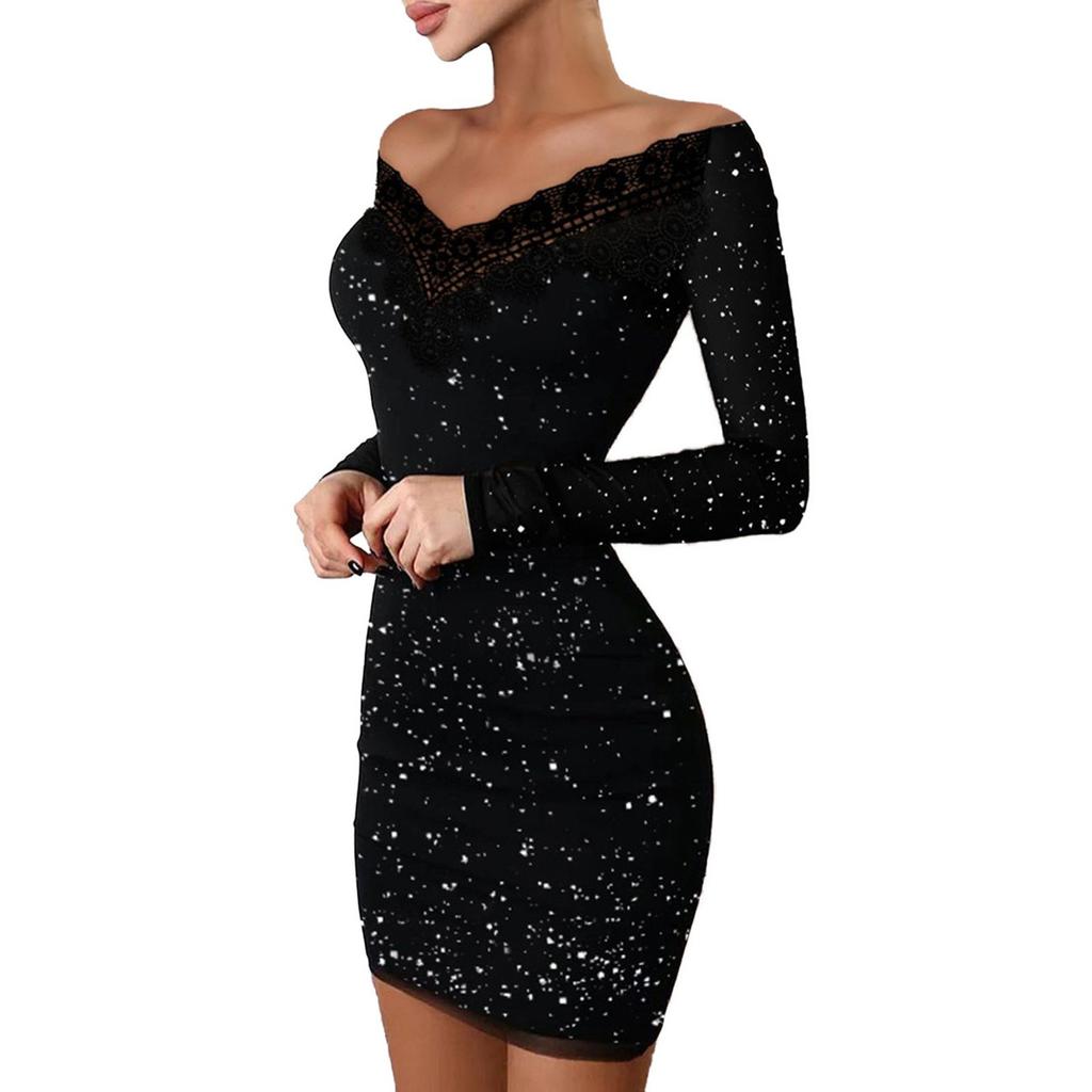 Women's Fashion Spring Fall Solid Color Print Long Sleeve V-Neck High Waist Casual Dresses
