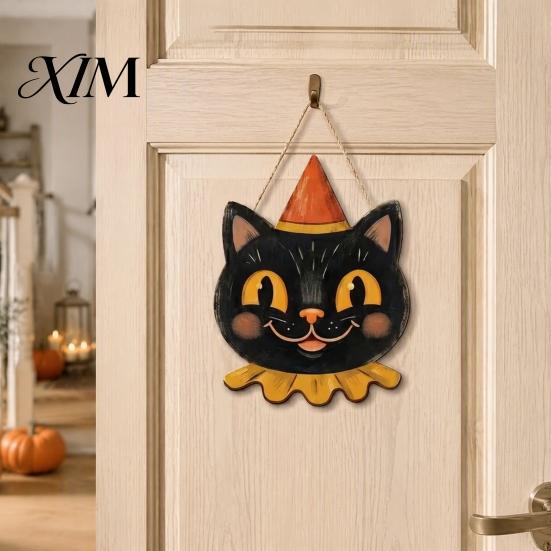 Retro Holiday Yard Accents Halloween Wooden Hanging Pendant with Lanyard, Ghost/Pumpkin/Skull/Black Cat Black Wall Art Decorations for Front