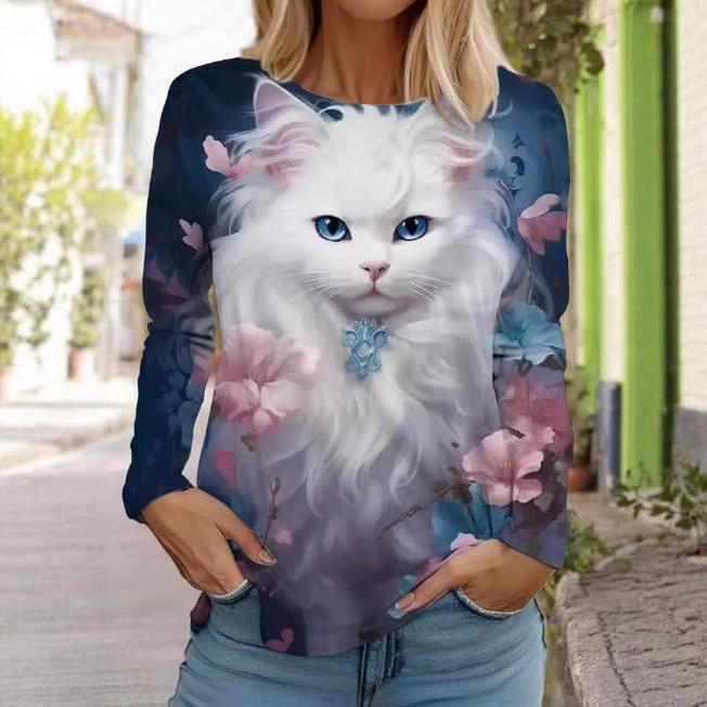 Camisetas de Mujer de Manga Larga Casuales de Moda con Cuello Redondo y Estampado de Gato Lindo con Impresión 3D para Primavera y Otoño