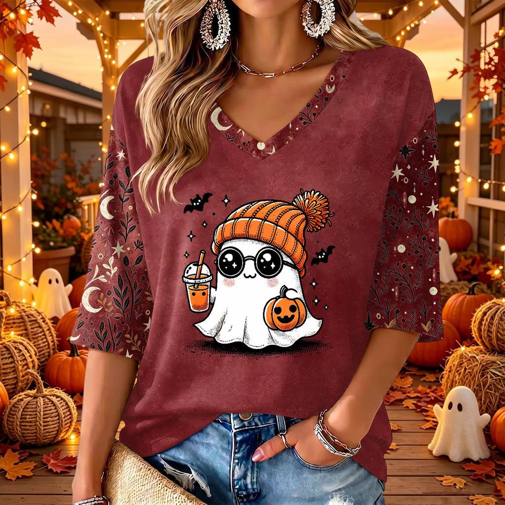 Women's V-Neck Halloween Print 3/4 Sleeve Casual Top