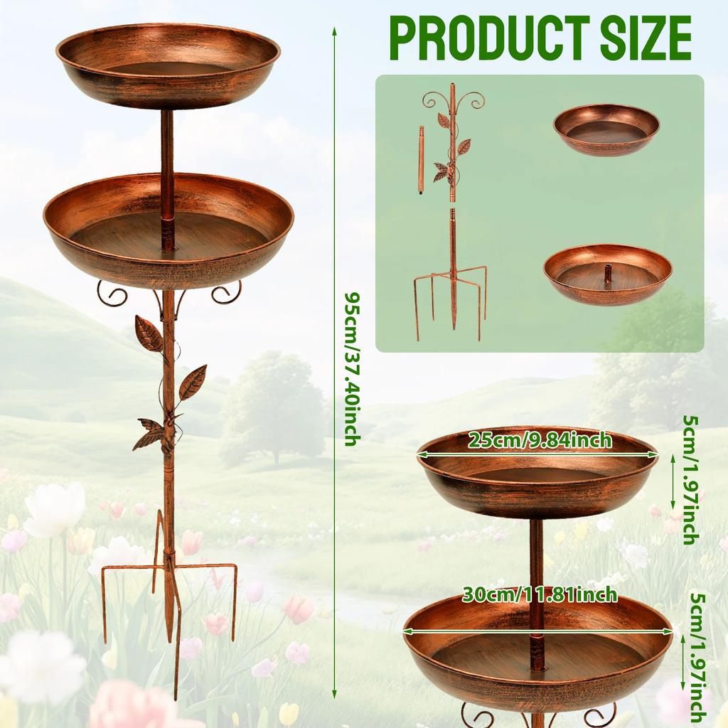 2-Layer Bird Feeder Iron Parrot Bird Birdtub with 5 Pronged Base Large Capacity Feeding Bird Bath Spike for Outdoor Garden Decor