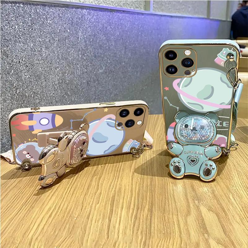 Space Bear Lanyard Holder Case For 14 15 11 12 13 Pro Max Mini 8 7 6 S Plus X Xr Xs Max Crossbody 15pro Strap Stand Cover