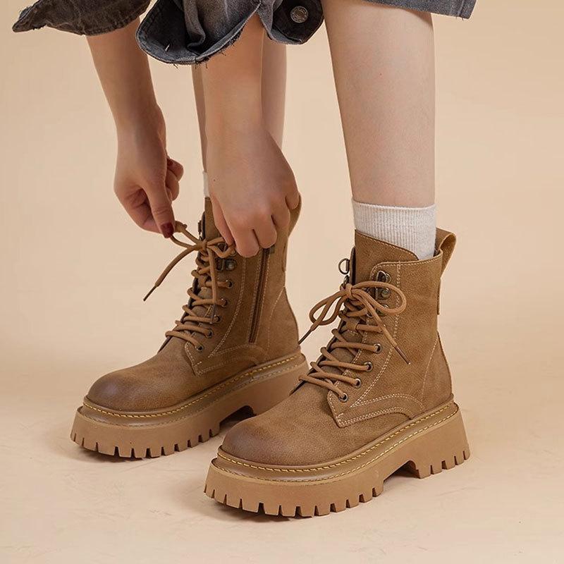 Rhubarb boots retro motorcycle boots British style women's autumn and winter new item thick sole