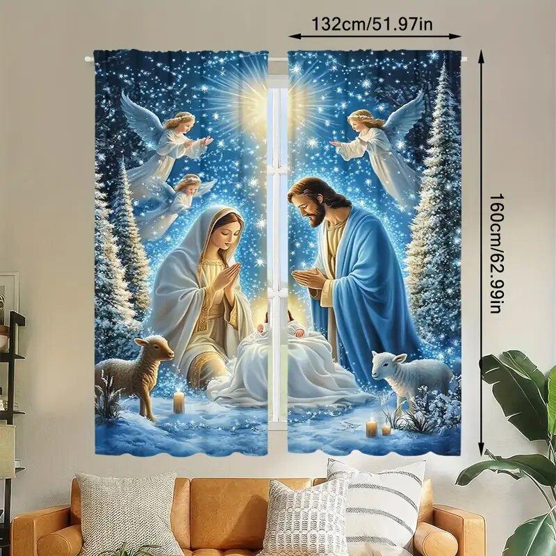 Christmas Jesus Nativity curtains, pole bag curtains, bedroom and living room decoration, home decoration, Christmas decoration