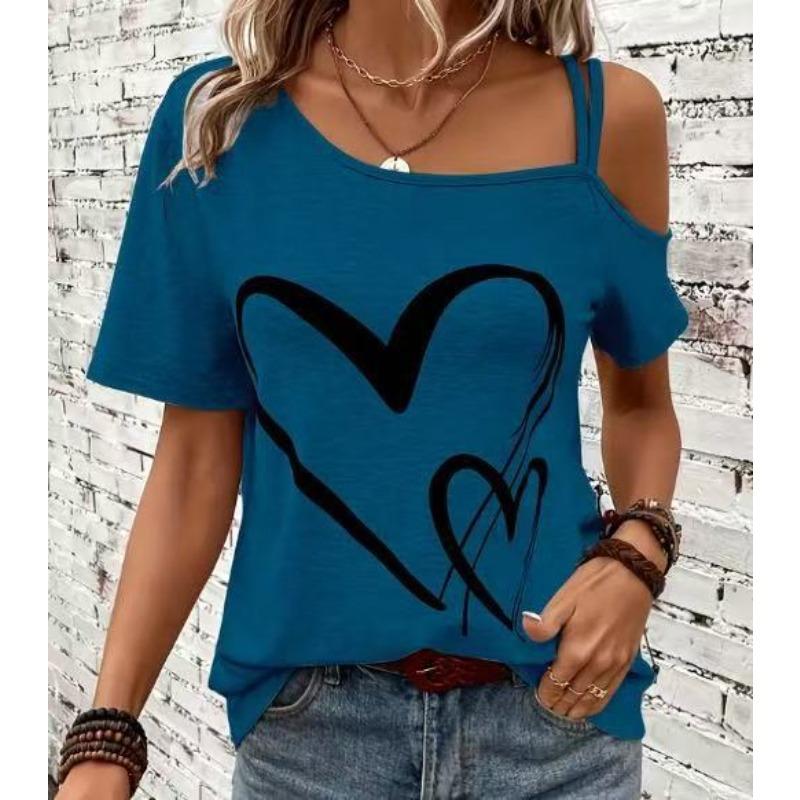 Large Casual Asymmetrical Collar with Heart-shaped Printed Suspender and Elastic Short Sleeves Women's T-shirts