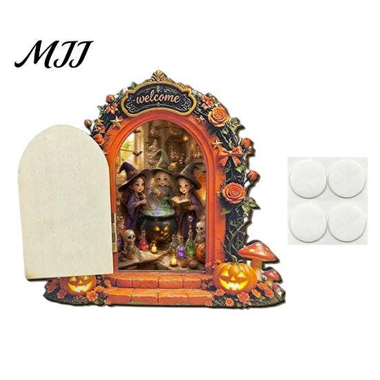 Unique Halloween Shelf Decor Mouse Hole Wall Decoration, Retro Arched Fairy Door with Pumpkin Cute Room Accessories & Flower Decor, Miniature Openable