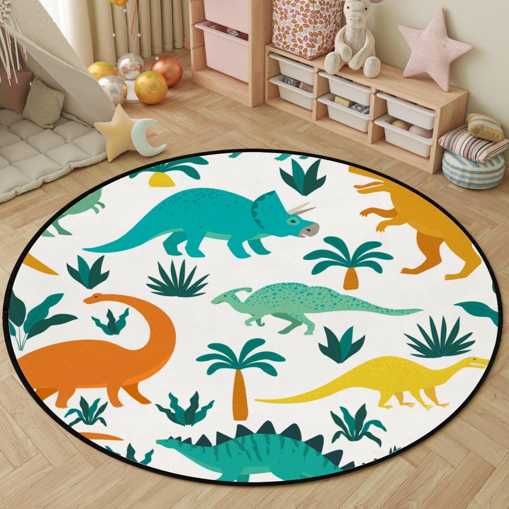 Cartoon Dinosaur Round Carpet Cute Dino Circle Rug for Living Room Playroom Office Laundry Decor Non-slip Comfort Play Yoga Mat