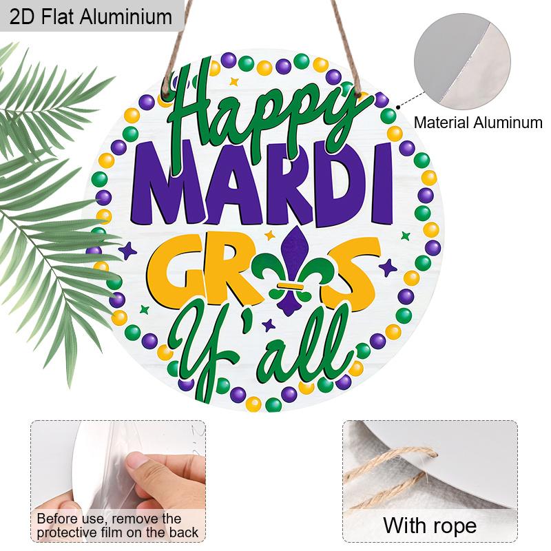2D Flat 1pc Mardi Gras Round Aluminum Decor Plaque, "Happy Mardi Gras " Lettering Sign, Home Decor, Porch Decor, Bar Decor, Carnival Celebrations