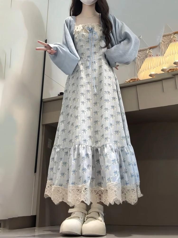 2026 Summer Korean Gentle Lace Patchwork College-Style Waist-Cinched Floral Dress with Doll Collar