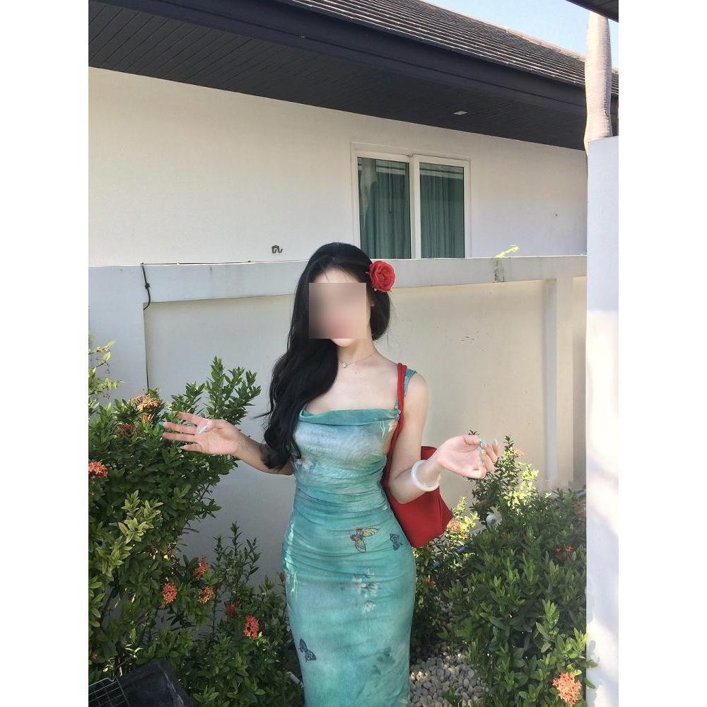 

Французское зеленое платье с принтом, отложным воротником, на бретелях, для морского отдыха, красивое, приталенное, с юбкой «рыбий хвост», облегающее бедра, женское летнее XL- (recommended 110-60kg)