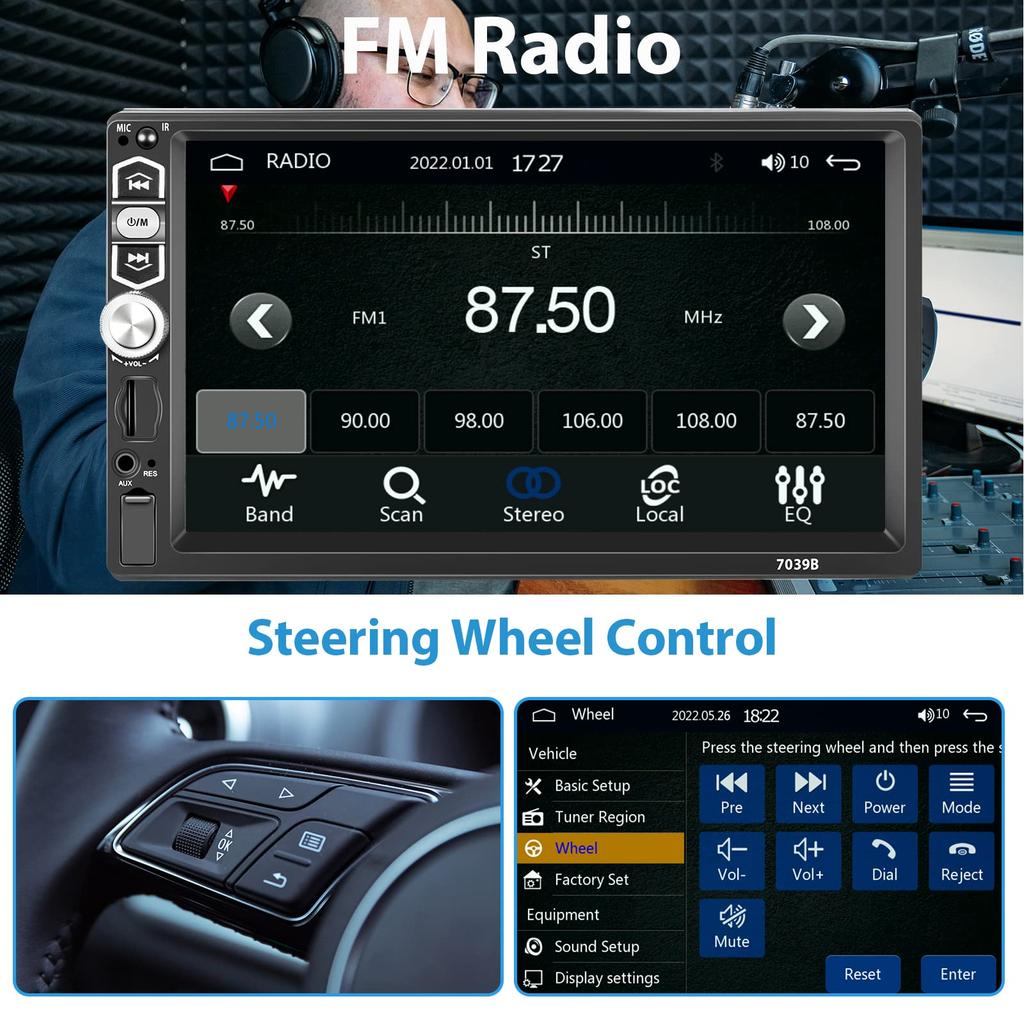 Audio 1 Din 7-inch Touchscreen CarPlay Android Auto, 1 Din Bluetooth 5.1, Mirror Link for Android/iOS, USB/TF Port, Aux, FM Radio, EQ Digital Receiver