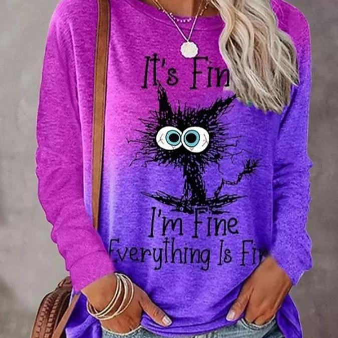 

Весенне-осенний топ с круглым вырезом и 3D-принтом кошки, модные повседневные женские футболки с длинным рукавом L