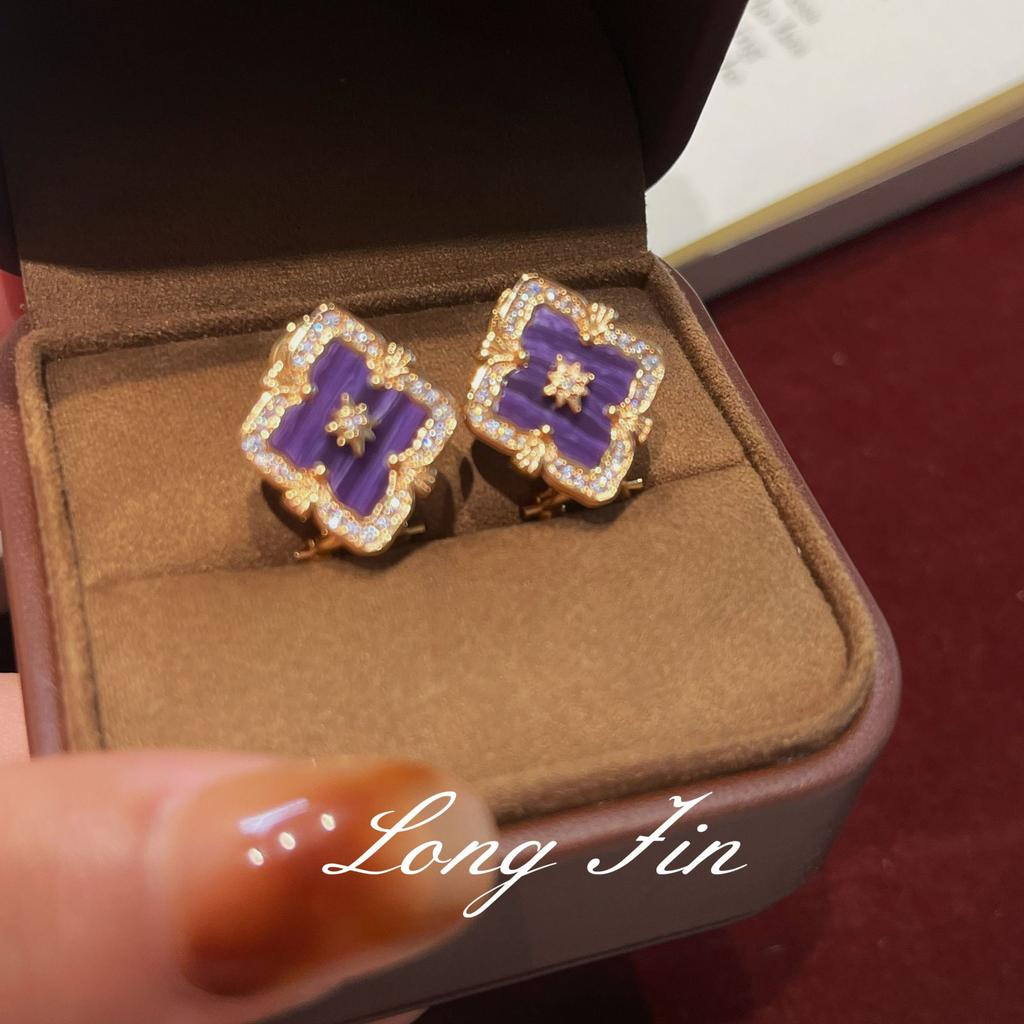 French Retro Four-Leaf Clover Window Grilles, Purple Dragon Crystal Jewelry Set, Necklace, Bracelet, Earrings, And A Ring.