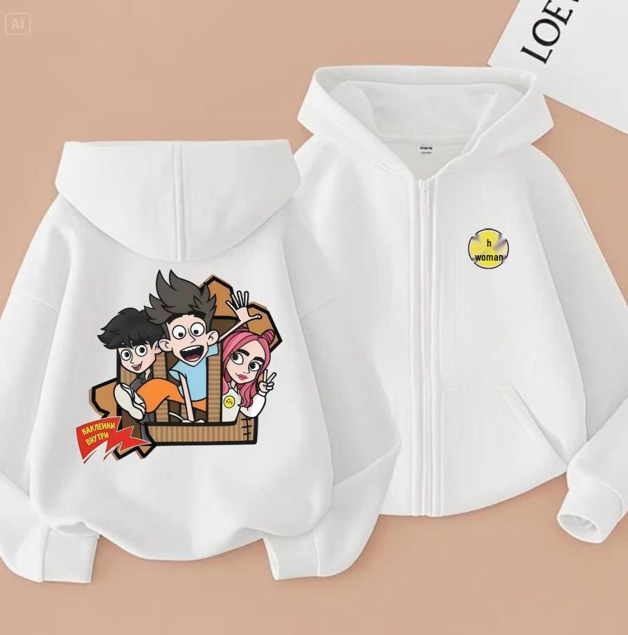 A4 Cartoon Trio Hooded Cardigan for Kids, Double-Sided Print Loose Casual Sweatshirt, Spring/Autumn.