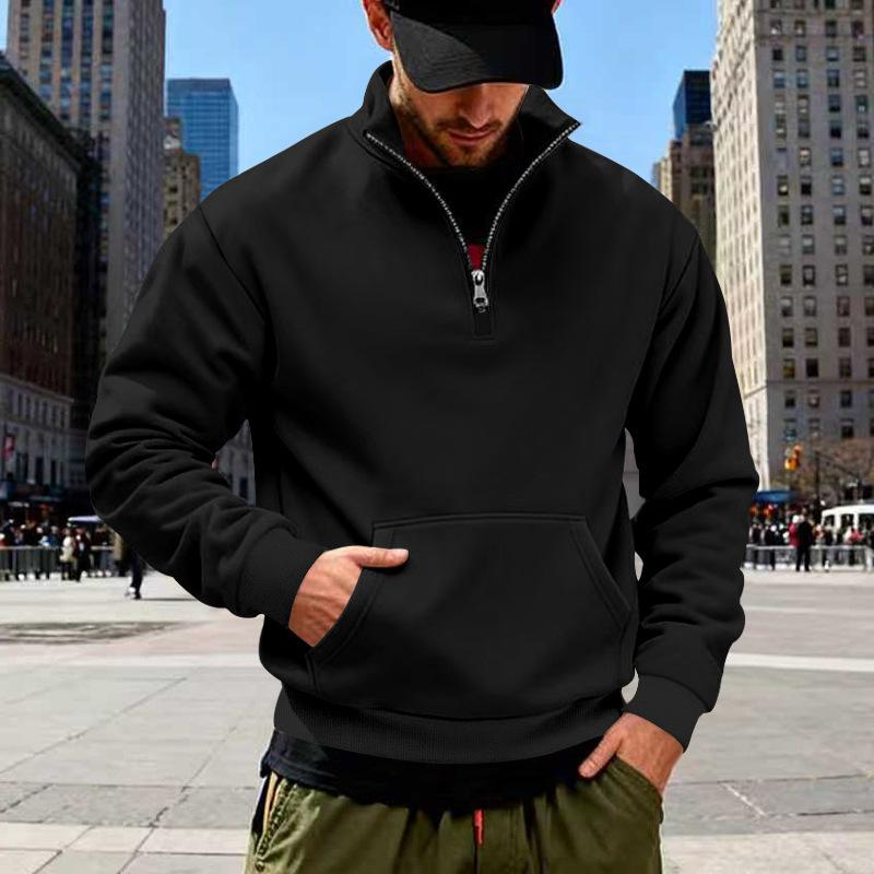 Autumn/Winter Fleece-Lined Heavyweight Men's Oversized Vintage-Style Casual Stand-Up Collar Half-Zip Commuter Hoodie with Pockets