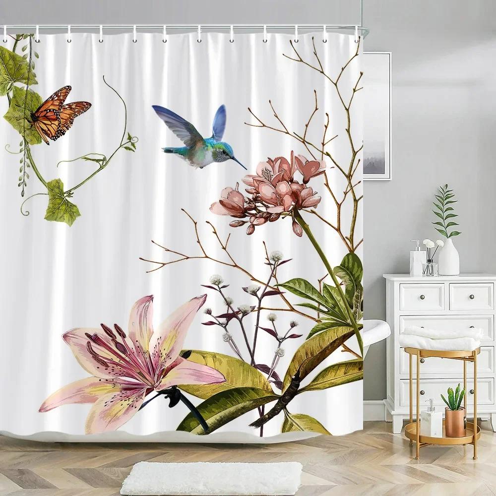 Botanischer Floral Duschvorhang Grünes Blatt Kolibri Tropische Naturlandschaft Polyesterstoff Duschvorhänge Badezimmer Dekor