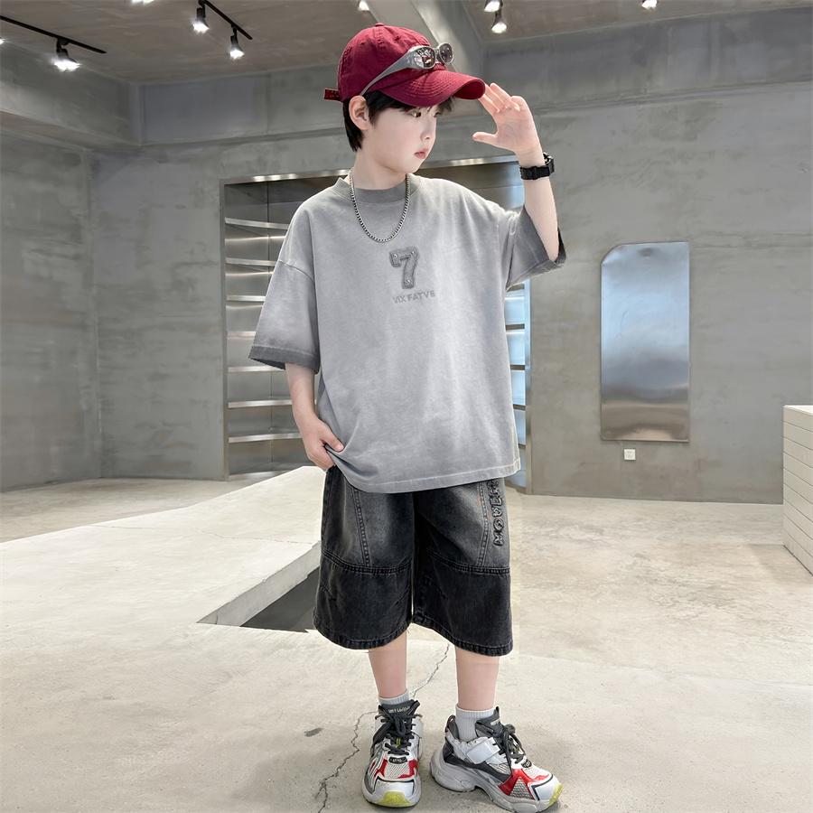 Teen Boys Set for Child Elegant T-shirts + Denim Shorts 2PCS Clothes Set Summer Kids Clothing Set
