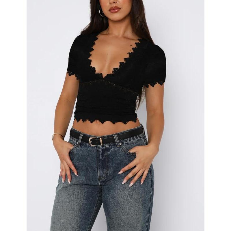 Sexy Lace Short Sleeve Shirts for Women Low Cut Lace Sheer Mesh Going Out Crop Top Streetwear
