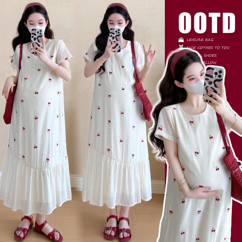 2026 Summer Sweet Cherry Embroidered Korean Style Maternity Maxi Dress XL
