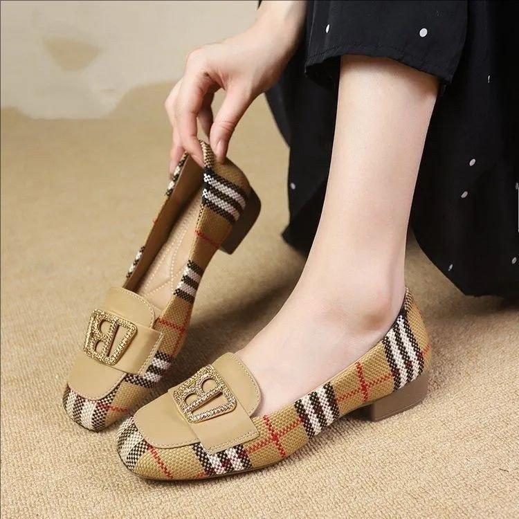 Plaid Color Matching Small Fragrant Wind Small Leather Shoes Women's 2025 Autumn New Metal Buckle Fashionable Versatile Thick Heel Light Mouth Sin