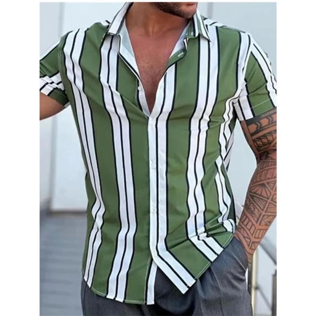 Men's Hawaiian Shirt 3D Stripe Print Short Sleeve Summer Loose Casual Large Size Simple Fashion Lapel Button Men's Tops