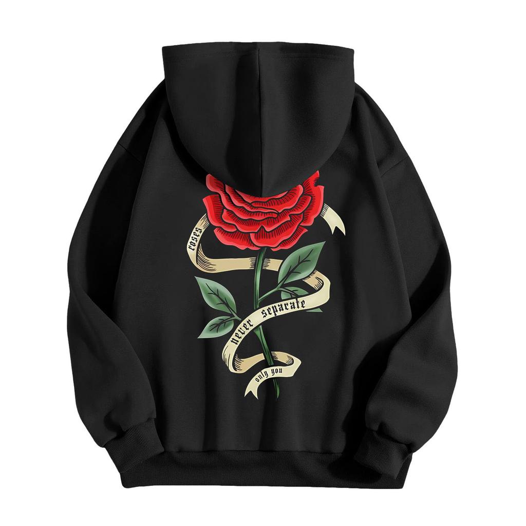 Unisex Long Sleeve Rose Print Pullover Hoodie with Front Pocket for Everyday Wear